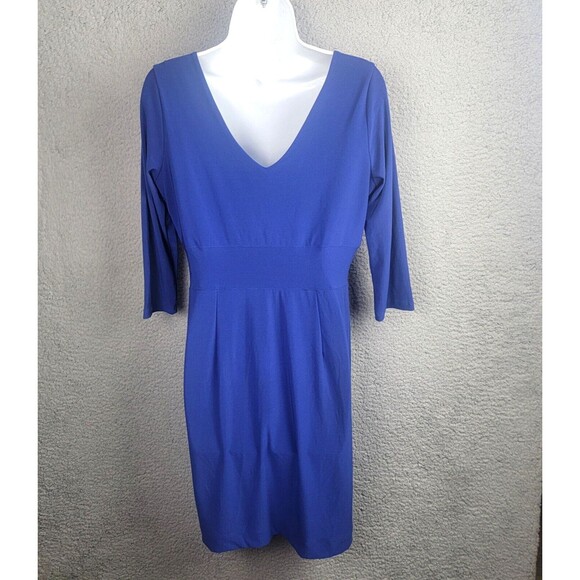 Clara Sun Woo Faux Wrap Blue Stretch Knit Dress S Travel Friendly Classic Style - Picture 2 of 12
